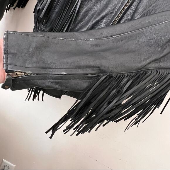 Unik Vintage Biker 80’s Fringe Leather Jacket Black Size M removable liner - Picture 4 of 13